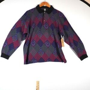 VTG JED Wear 90s Patchwork Paisley Polo Sweater Purple Burgundy L Grandpa Dark